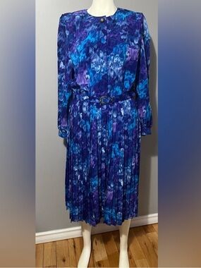 Blue & Purple Pleated Long Sleeve Dress with Belt